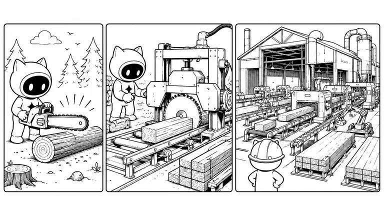 A black-and-white three-panel comic in a minimalist zine style showing the evolution of tooling and industrial scale. In the first panel, a small cat-like worker character uses a chainsaw to cut a log in a forest. In the second panel, the character operates a stationary sawmill cutting large timber beams with industrial machinery. In the third panel, the character, now wearing a hard hat, stands inside a massive automated lumber mill with conveyor belts, robotic arms, and full-scale production lines processing stacks of wood. Clean line art, no text, monochrome aesthetic.