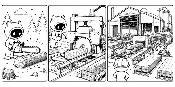 A black-and-white three-panel comic in a minimalist zine style showing the evolution of tooling and industrial scale. In the first panel, a small cat-like worker character uses a chainsaw to cut a log in a forest. In the second panel, the character operates a stationary sawmill cutting large timber beams with industrial machinery. In the third panel, the character, now wearing a hard hat, stands inside a massive automated lumber mill with conveyor belts, robotic arms, and full-scale production lines processing stacks of wood. Clean line art, no text, monochrome aesthetic.