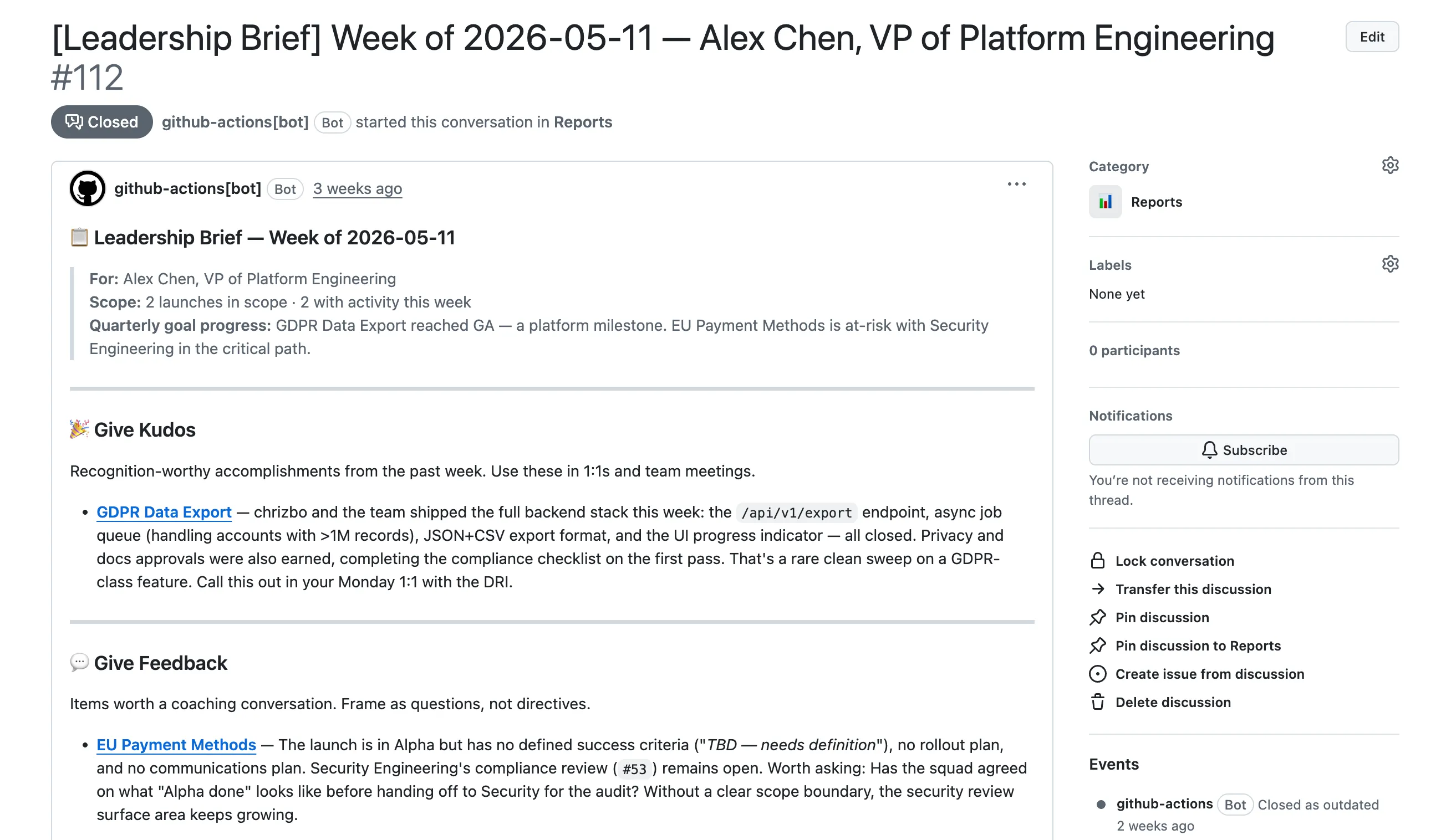 Sample leadership brief rendered as a GitHub Discussion, with a tailored action note and supporting context for a specific leader.