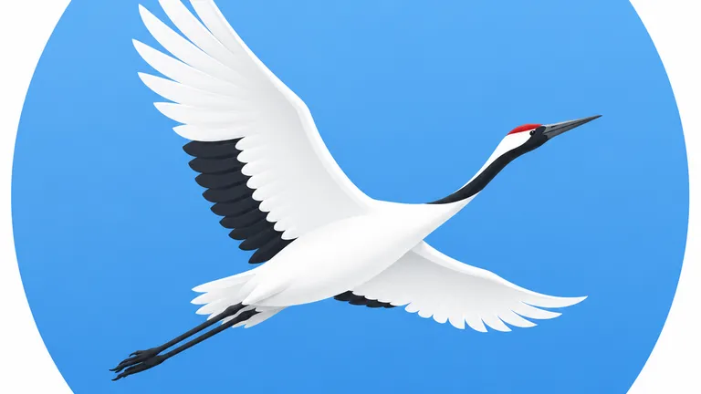 A white crane flying across a blue circular background.