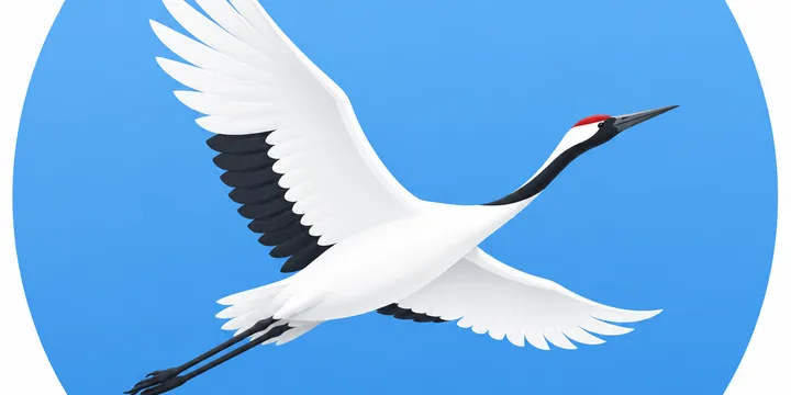 A white crane flying across a blue circular background.