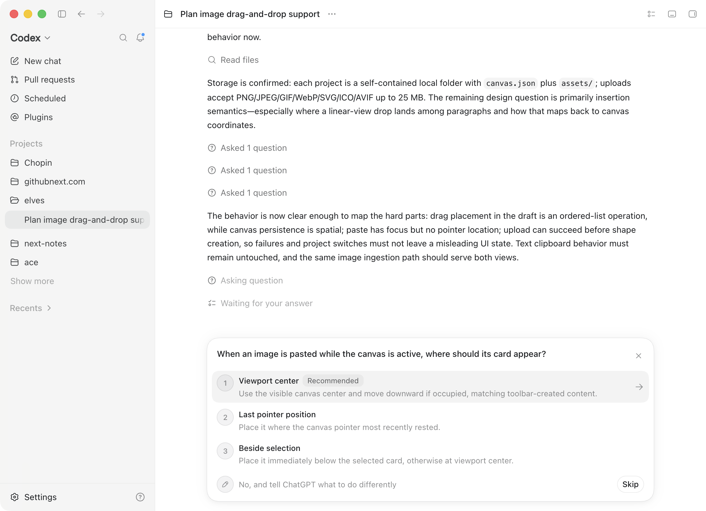 Codex displaying planning questions about image drag-and-drop support.