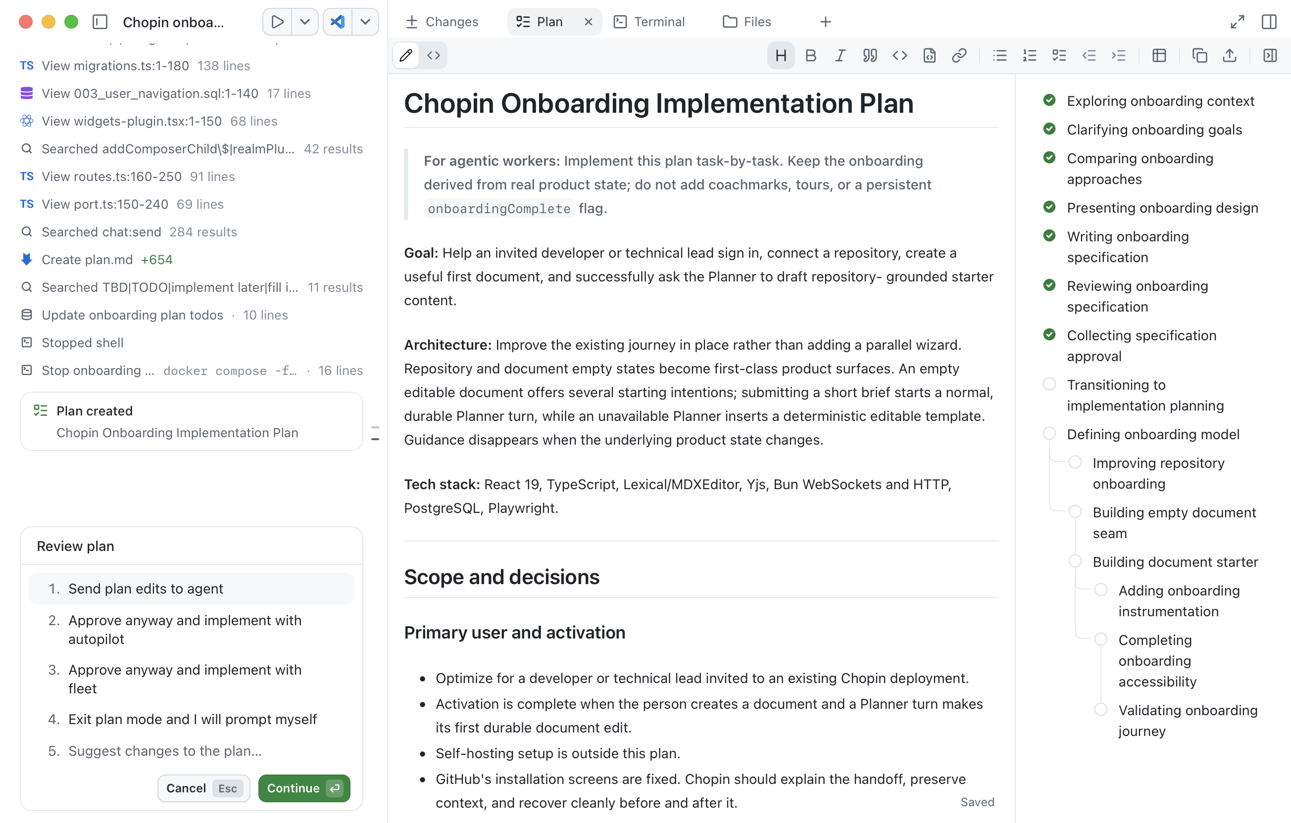 GitHub Copilot displaying a Chopin onboarding implementation plan and review controls.
