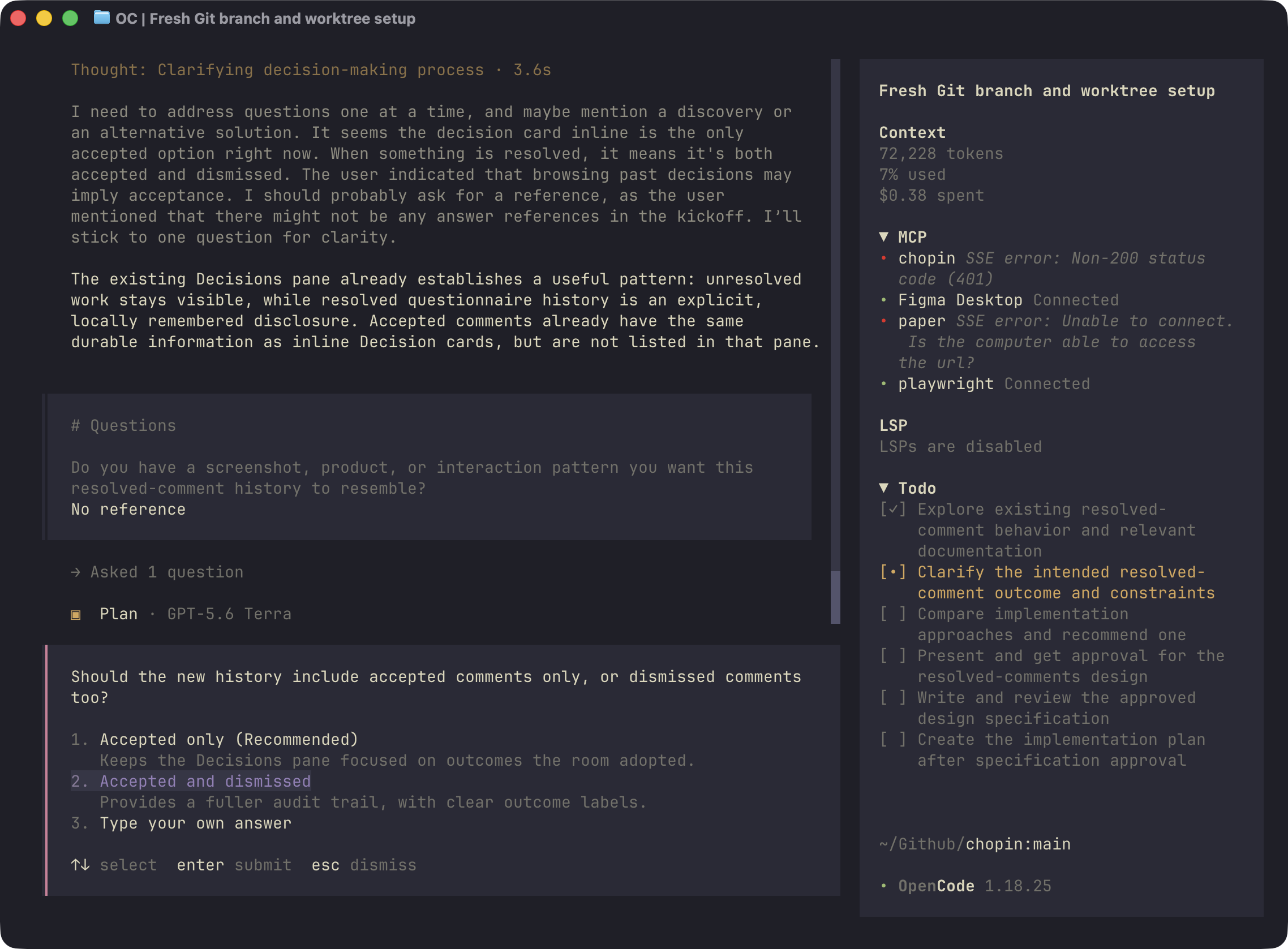 OpenCode in a terminal displaying planning tasks and a question for the user.