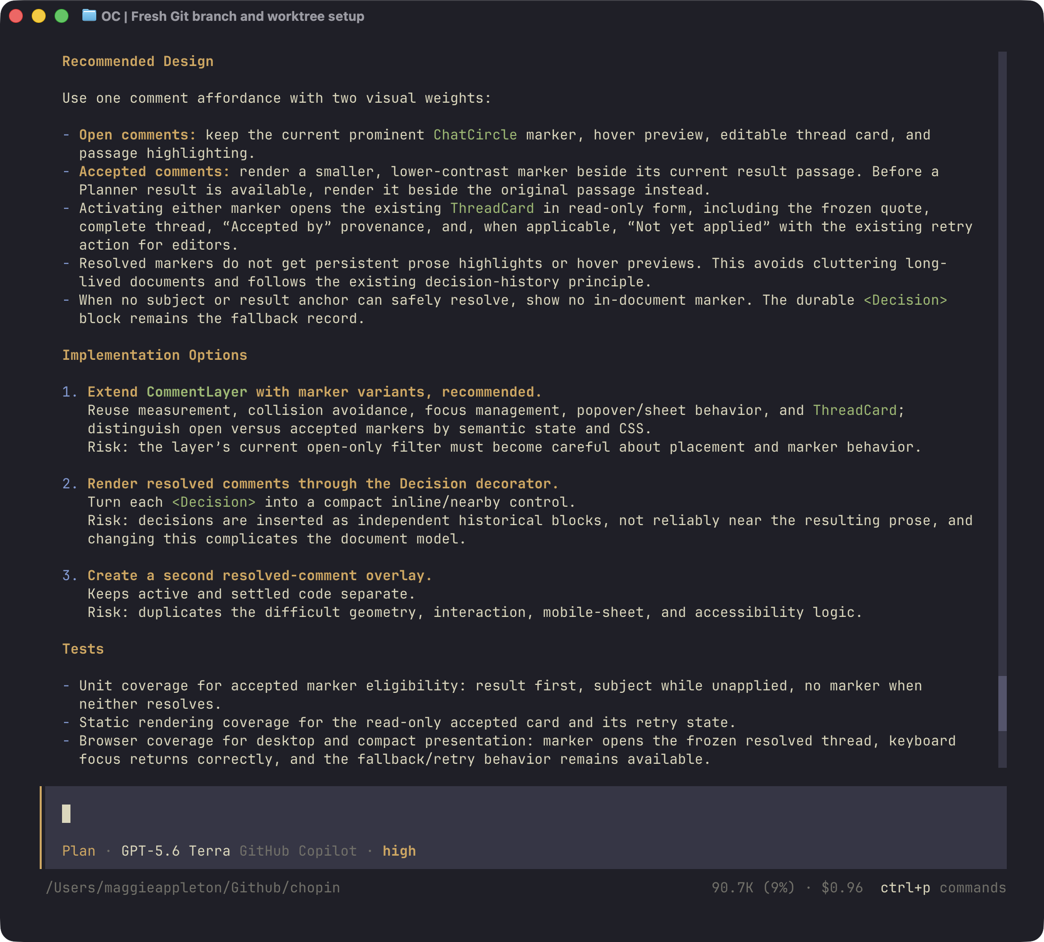 OpenCode in a terminal displaying a recommended design and implementation options for resolved comments.